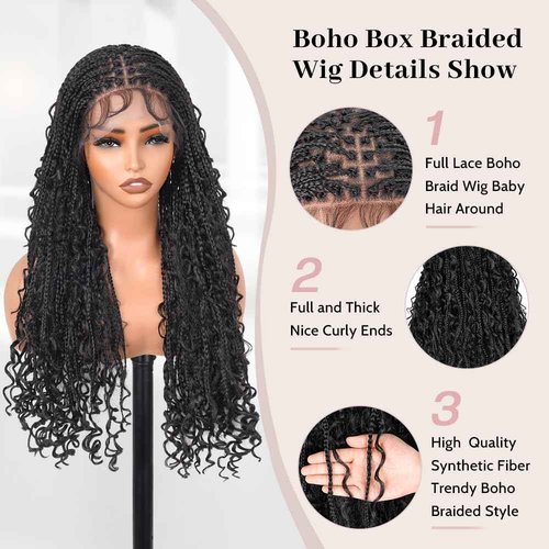 Suntefic Boho Box Braided Wigs for Black Women Glueless Double Full Lace Human Hair Blended Lightweight Hand Braid Wig with Baby Hair (2-Black, 28 In)