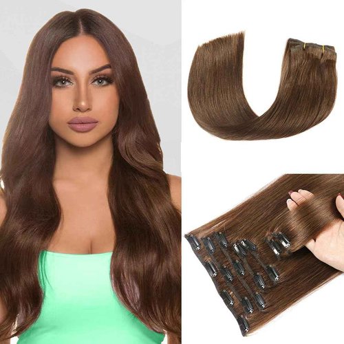Clip in Hair Extensions Real Human Hair Straight Clip Hair Extensions Brazilian Remy Human Hair Double Weft Human Hair (4# Medium Brown, 20 Inch)