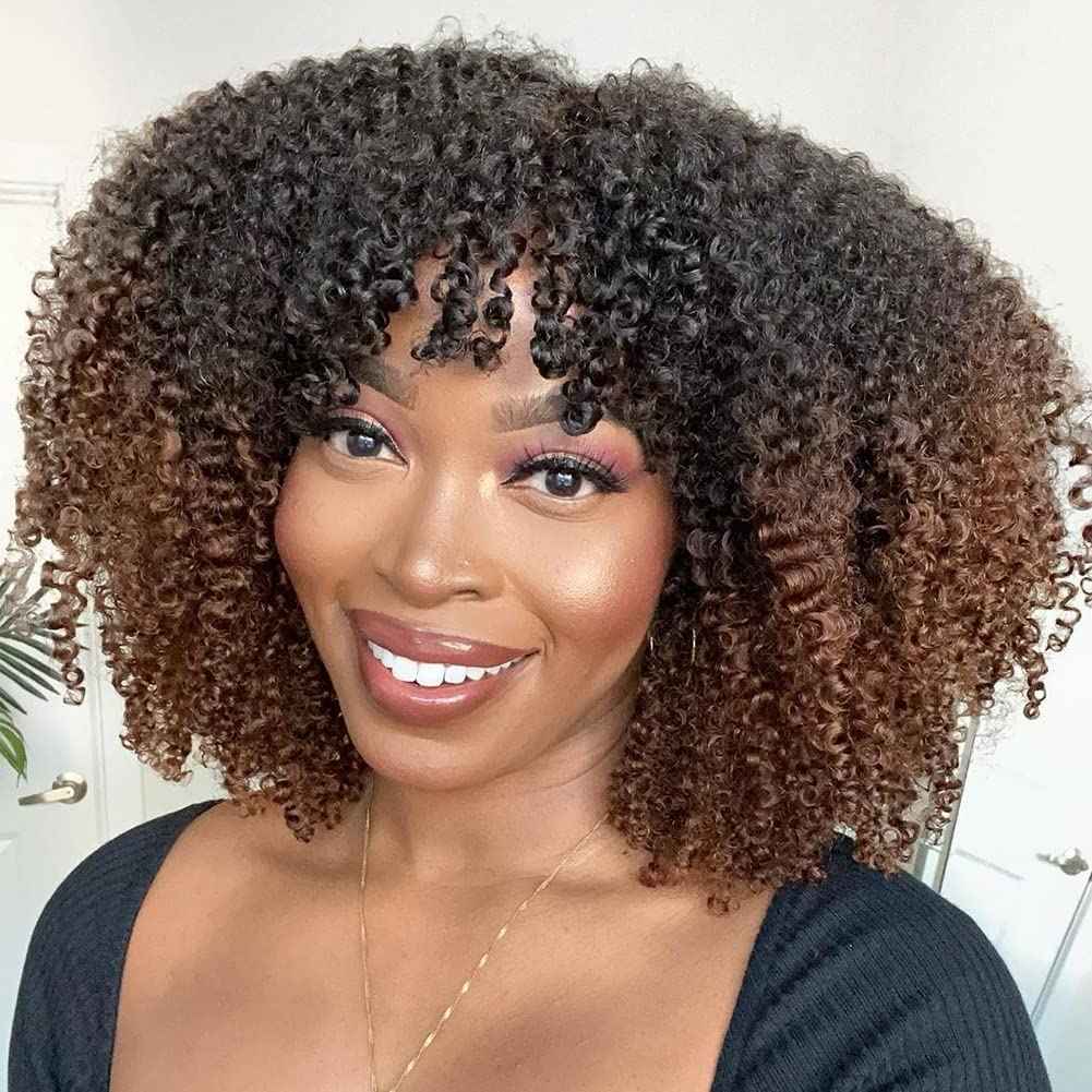 200% Density Ombre Human Hair Wigs Afro Kinky Curly Two Tone Wig With Bangs Brazilian Virgin Human Hair Machine Scalp Top Ombre Bang Wig Glueless For Black Women 14 Inch