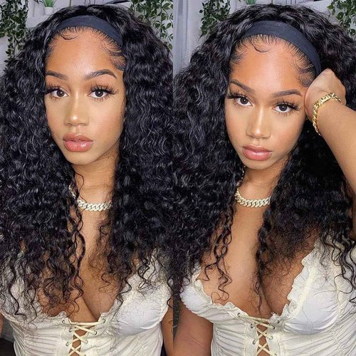 Maytune Deep Wave Headband Wig Human Hair for Black Women None Lace Front Wigs Curly Human Hair Headband Wig Glueless Wear and Go Water Wave Headband Wigs 22 Inch
