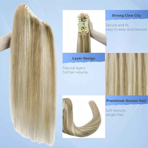 FUOTONBUTY Claw Clip Ponytail Extension 100% Real Remy Human Hairpiece Pony Tails Hair Extensions Long Straight Ponytail for Women (Balayage Caramel Blonde to Bleach Blonde, 20 inch)