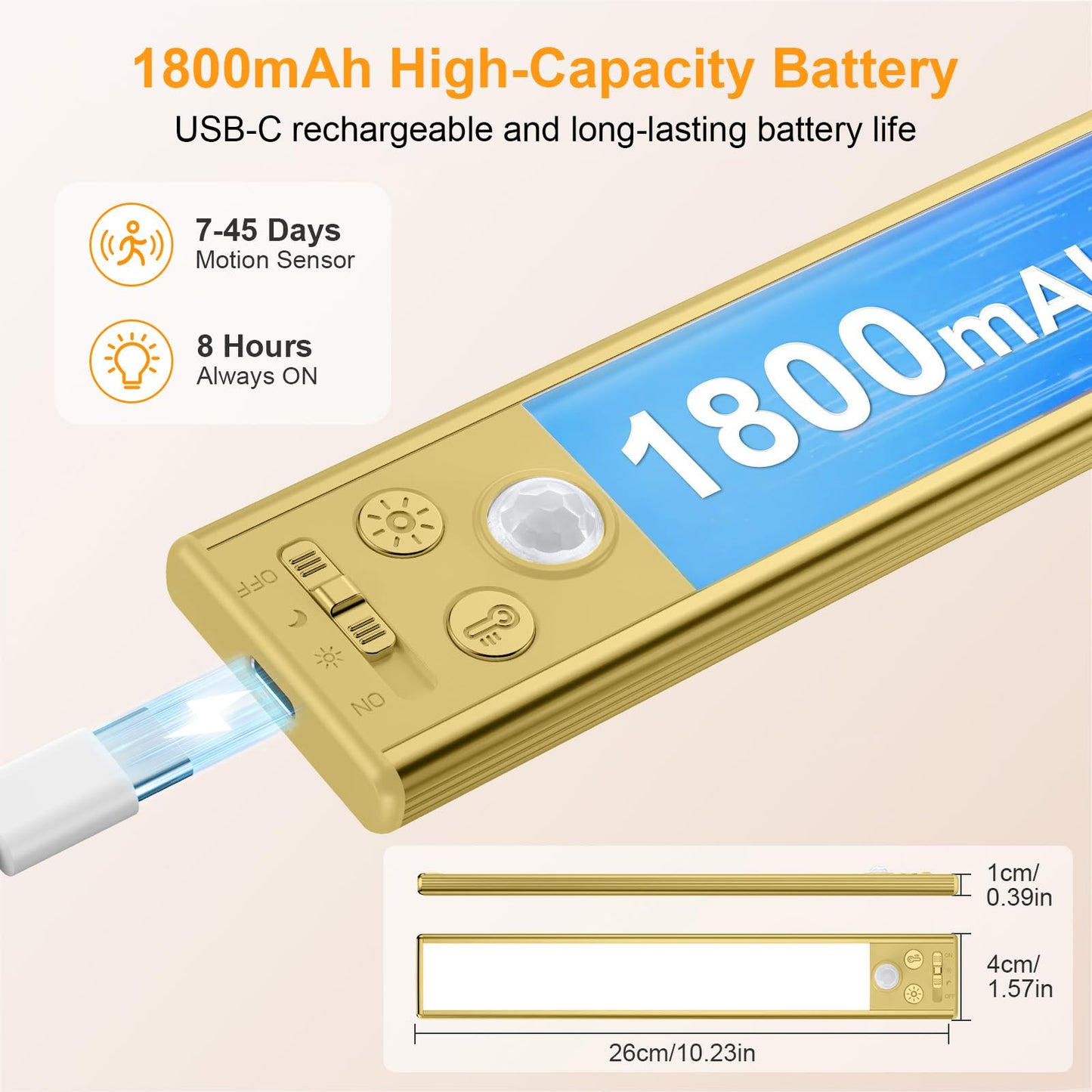 Gritin 10.2inch Under Cabinet Lighting Rechargeable -84 LED Super Bright,3-Color& 5 Level Brightness,4 Modes,Motion Sensor, Long Lasting- Easy Installation Magnetic Closet Lights -2 Pack-Gold