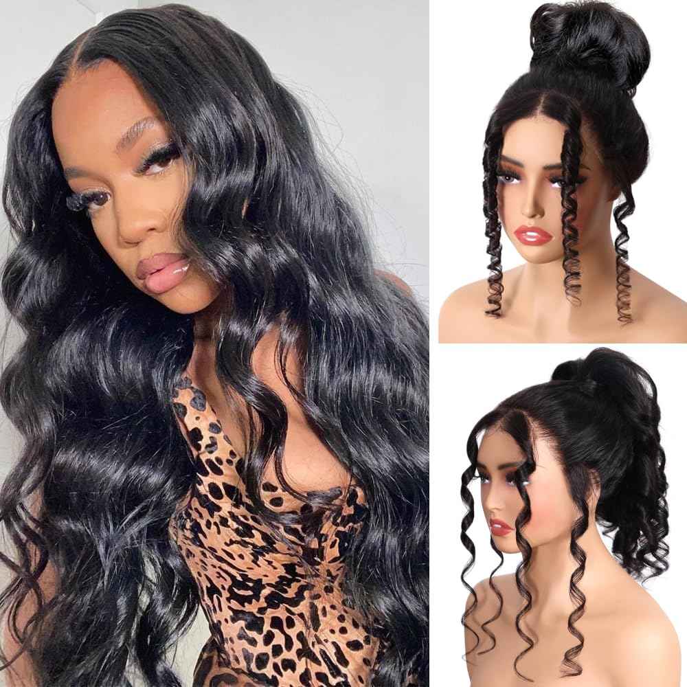 360 Lace Front Wigs Human Hair Body Wave Hidden Strap 360 Glueless Wig Human Hair Full Lace Pre-Bleached Knots Pre-Cut Pre-Plucked HD Lace Natrual Black Color 22 inches