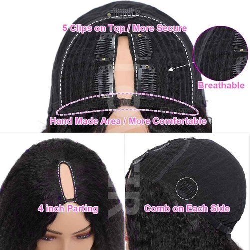 LOVFIR V Part Wig Human Hair Kinky Straight V Part Human Hair Wig for Black Women 180% Density Upgrade U Part Human hair wig Glueless V Shape Wig Yaki Straight Human Hair Wig Beginner Friendly 16 Inch