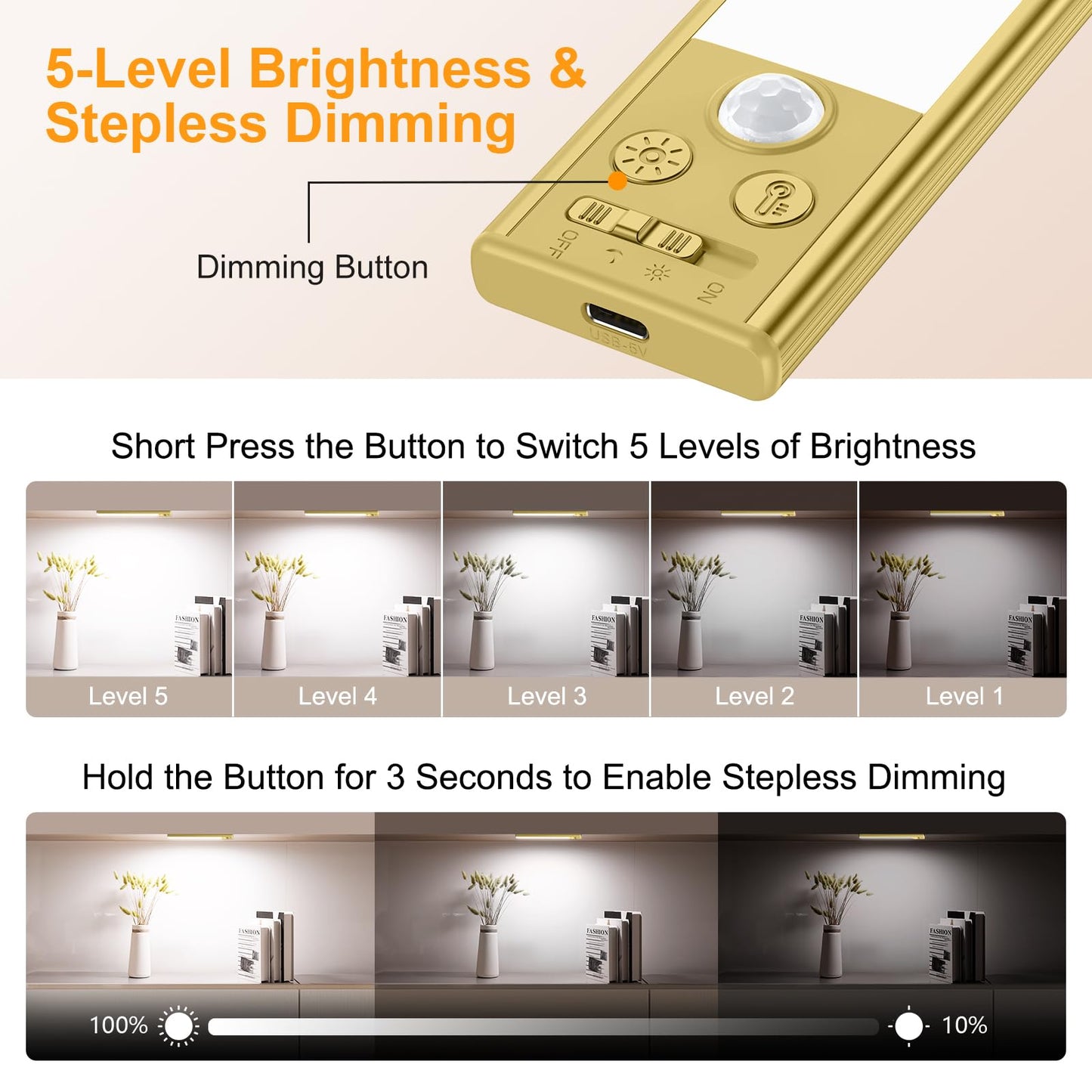 Gritin 10.2inch Under Cabinet Lighting Rechargeable -84 LED Super Bright,3-Color& 5 Level Brightness,4 Modes,Motion Sensor, Long Lasting- Easy Installation Magnetic Closet Lights -2 Pack-Gold