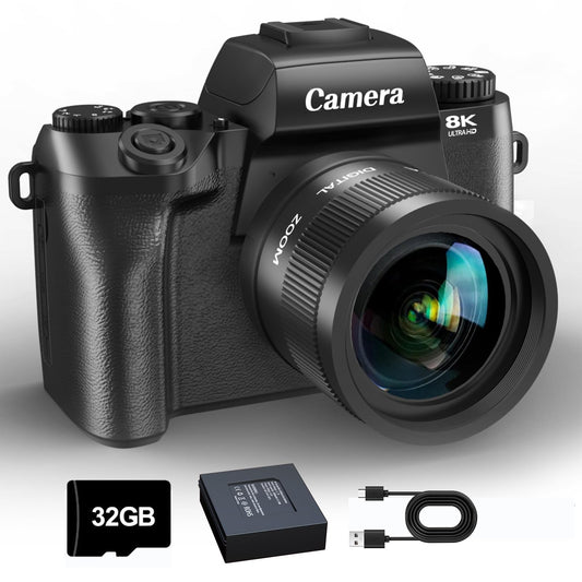 8K Digital Camera for Photography, WiFi Touchscreen Vlogging Cameras for YouTube with Autofocus,16X Digital Zoom Video Camera with 3000mAh Battery, Dual-Lens, Lens Hood, 32GB TF Card,Black
