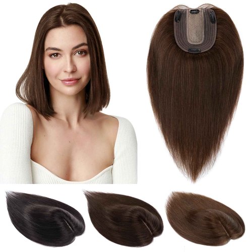Elodia Human Hair Topper for Women No Bangs Large Base Clip in Real Hair Topper Hair Pieces for Thinning Hair Cover Grey Hair 12 inch Medium Brown