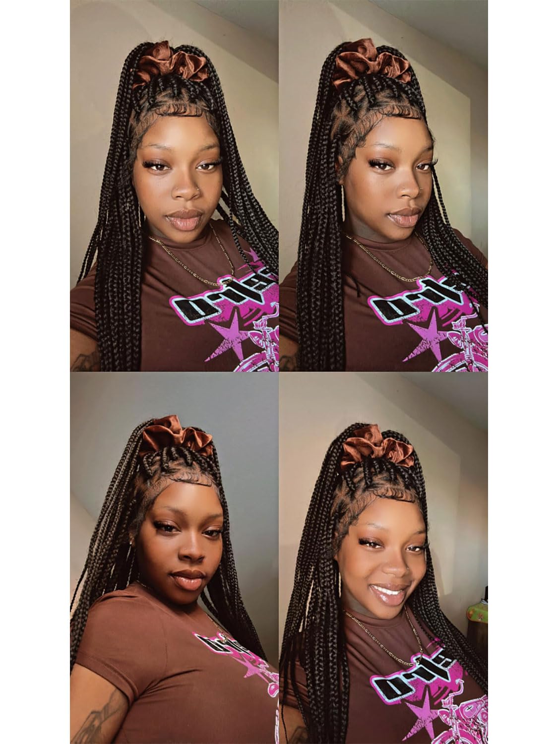 360 Full Lace Knotless Box Braided Wig, Long Black Synthetic Hair, Triangle Lace Front (Black, 34 inches)