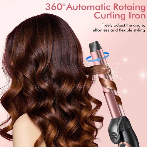 Soffiya Automatic Rotating Curling Iron 1-Inch - Self-Curl for Beach Waves & Thick Hair, Adjustable Temp 250°F-430°F + Dual Voltage Travel Iron - Salon Results for Beginners (Rose Gold)