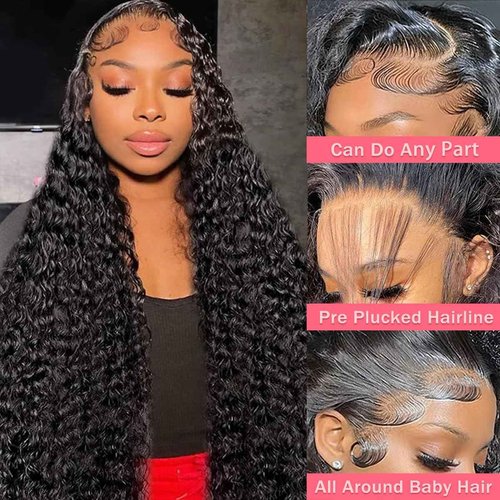 Xojao Water Wave HD Lace Front Wigs Human Hair 10A Curly Human Hair 13x4 Transparent Lace Frontal Wigs Pre Plucked Wet And Wavy Wigs Human Hair for Women 180% Density (20Inch, Natural Black)