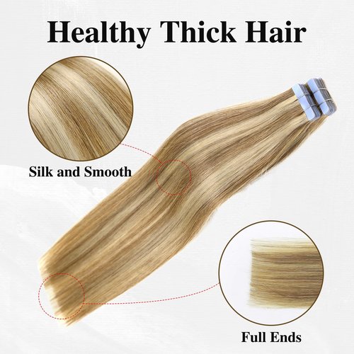 LADY MIRANDA Tape in Hair Extensions Remy Human Hair Full Ends PU Hair Extensions 20 Inches 50g 20Pcs Mixed Blonde Skin Weft Invisible Tape in Human Hair Extension for Women
