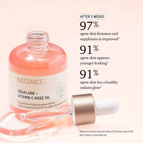 BIOSSANCE Squalane + Vitamin C Rose Advanced Facial Oil - Brightening, Firming, and Hydrating Serum for All Skin Types - Chios Crystal Oil, Damascus Rose Extract & Squalane for Radiance - 1oz