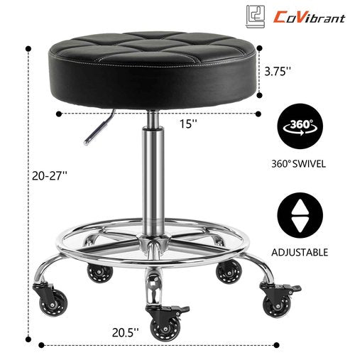 CoVibrant Lockable Rolling Stool with Noiseless Rubber Wheels & Footrest - Adjustable Swivel Stool Chair for Kitchen, Medical, Workshop, Salon, Tattoo, Office (Black, 20"-27")