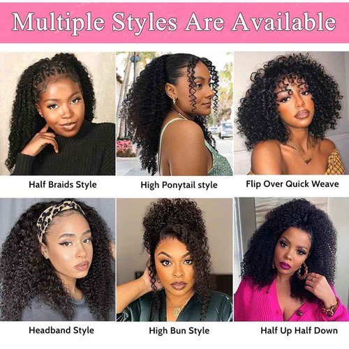 Kinky Curly Half Wig Human Hair 200 Density 3 In 1 Headband Wig Seamless Flip Over Wear and Go Glueless Wigs Human Hair Beginner Friendly Kinky Curly Wig Human Hair Drawstring Wig for Women 20 inch