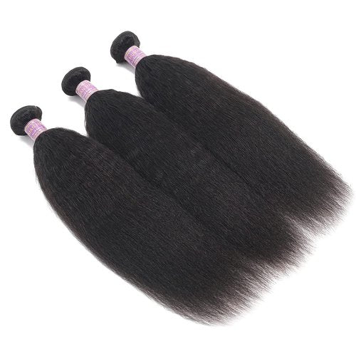 Kinky Straight Human Hair 3Bundles Natural Black Yaki Straigh Brazilian Virgin Remy Hair Grade 10A 100% Unprocessed Kinky Straight Human Hair Extensions (12 14 16 Inch, 3 Bundles)