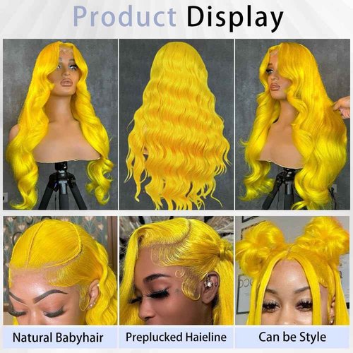 XIAPAY 28 Inch Yellow Wig Human Hair 13x4 Yellow Lace Front Wig Human Hair Body Wave Lace Front Wigs Human Hair Blonde Wig Human Hair Colored 200% Density HD Frontal Wigs human hair