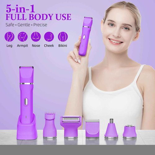 HOHOLE 5-in-1 Bikini Trimmer for Women, IPX7 Waterproof Electric Razors Shaver, Cordless Body Hair Trimmer, Facial & Pubic Hair Removal, Ceramic Blade (Eggplant)