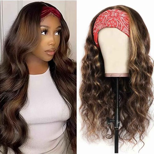 Comfair Ombre Headband Wig Human Hair #4/27 Highlight Body Wave Headband Wig Glueless None Lace Front Wig Brazilian Virgin Human Hair Wigs for Black Women Wear andGo Wig 180% Density 18 inch