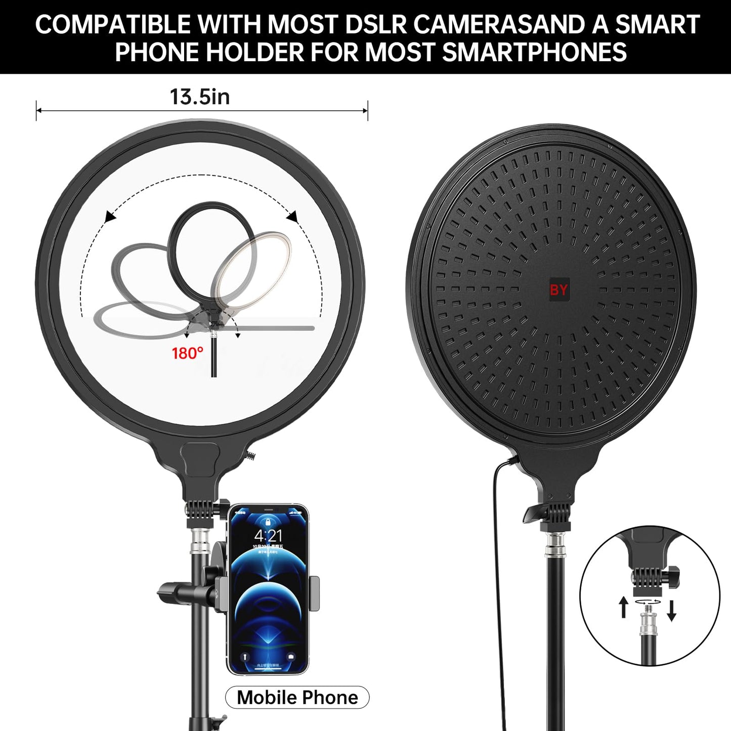 13.5 Inch Full Screen Ring Light with 55 Inch Adjustable Tripod Stand, LED Selfie Ring Light for Video Recording, Facial Makeup, Live Streaming, Compatible with Phones, Cameras Webcams
