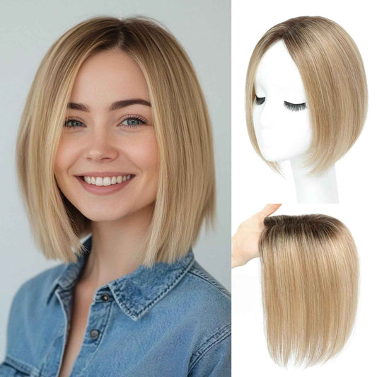 GULALUUK Hair Toppers for Women Real Human Hair 10 Inch Upgrade Swiss Lase Base Toppers Hairpieces with Thinning for Daily Wear (Ombre Light Blonde)