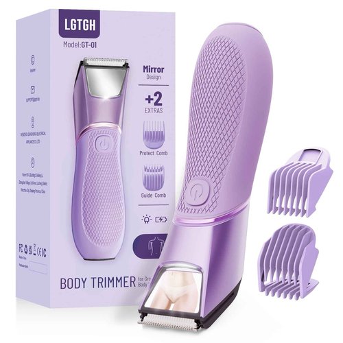 LGTGH Bikini Trimmer for Women: Pubic Hair Razor with Mirror & LED Light, Electric Shaver with Ceramic Blades & Travel Lock - Body Groomer IPX7 Waterproof Use for Legs/Arm/Underarm - Purple
