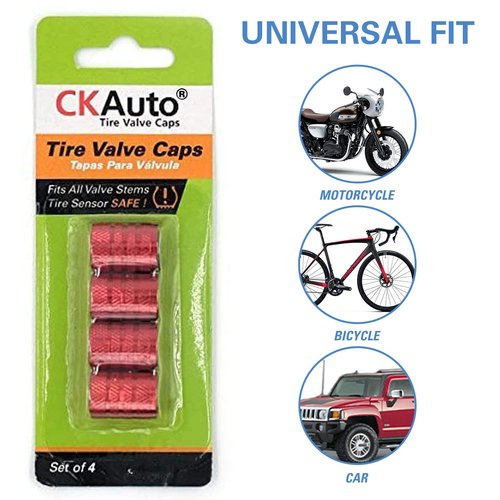 CKAuto Tire Valve Stem Caps, Red, 4 pcs/Pack, Anodized Aluminum Tire Valve Cap Set, Corrosion Resistant, Universal Stem Covers for Cars Trucks Motorcycles SUVs and Bikes
