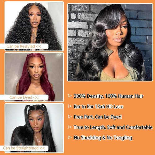 Aoque Body Wave Lace Front Wigs Human Hair 13x6 HD Lace Frontal Wigs Human Hair Pre Plucked with Baby Hair 200 Density Glueless Wig Brazilian Virgin Human Hair for Black Women Natural Color 22 Inch