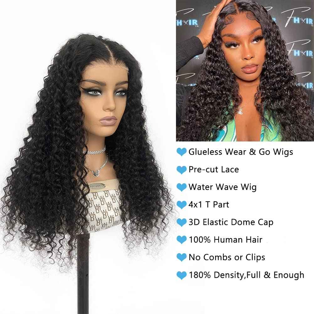 4GIRL4EVER Wet and Wavy Glueless wigs human hair Wear & Go Wigs T Part Lace Front Wigs Pre-cut 4x1 HD Lace Closure Human Hair Wigs for Black Women Water Wave Wig 180% Density Natural Black 20 Inch