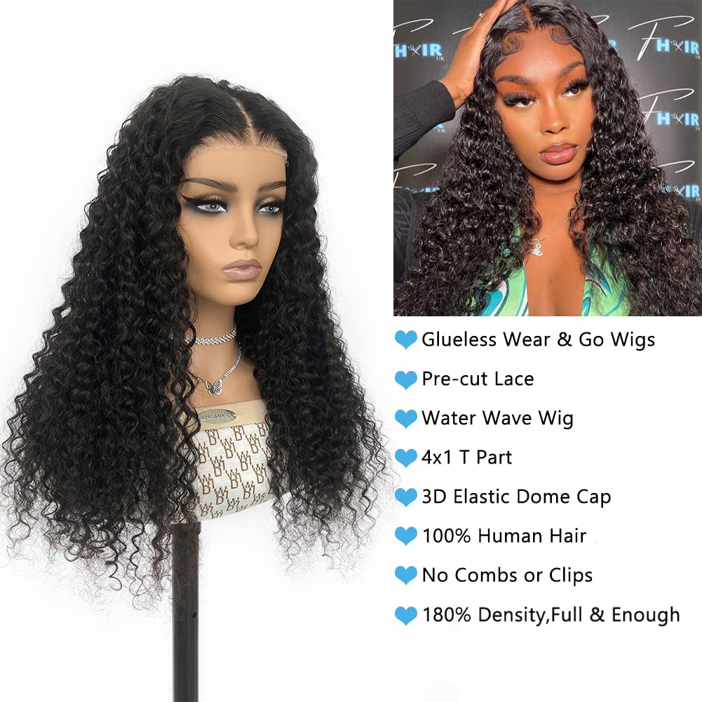 4GIRL4EVER Glueless Wear & Go Wigs Water Wave T Part Lace Front Wigs Human Hair Pre-cut 4X1 HD Transparent Lace Closure Wet and Wavy Wigs for Black Woman Human Hair Glueless Wig 18 Inches