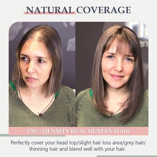 SLEEKALON Real Human Hair Topper - 150% Density Silk Base Brown Hair Topper with Bangs (14 Inch,04#)