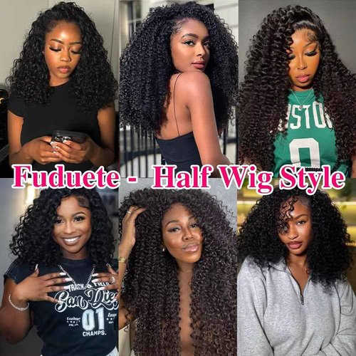 Fuduete 16 Inch Kinky Curly Half Wig Human Hair 200% Density Wear Go Glueless Wigs Human Hair Curly 3 In 1 Half Wigs for Women Drawstring Seamless Flip Headband Wig Beginner Friendly