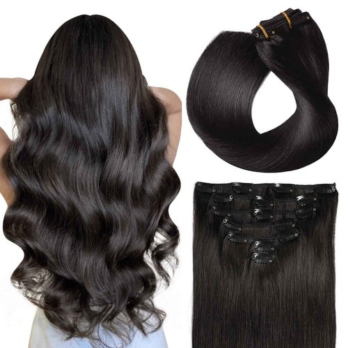 SUYYA Real Human Hair Clip in Extensions - Straight, Double Weft Natural Black Hair - Clip ins 7pcs 120g (18 inches #1B Off Black)