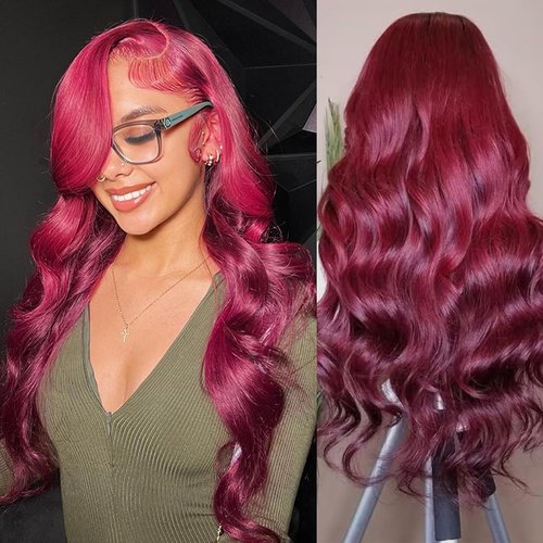 28inch Burgundy Lace Front Wigs Human Hair 99j 13X4 Body Wave Lace Front Wigs 180% Density 100% Brazilian Human Virgin Hair Glueless HD Red Wigs Pre Plucked with Bleached Knots Natural Hairline