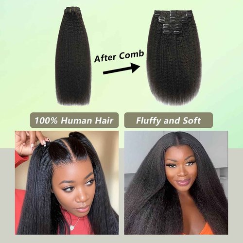 Yaki Straight Clip in Hair Extensions Real Human Hair 120g 8pcs Kinky Straight Human Hair Clip in Extensions for Black Women Natural Color 100% Brazilian Virgin Clip ins Hair