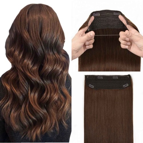 Remy Human Hair Extensions Wire Hair Hairpiece Straight Wire Hair Extensions for Women 16 Inch #4 Transparent Fish Line Hair Extension 80g