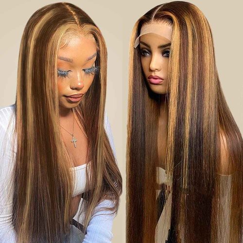 Sunelk Highlight Ombre Lace Front Wig Human Hair Colored 4/27 13x6x1 HD Transparent Lace Frontal Wigs Ombre Blonde Straight Human Hair Wigs for Women 150% Density Pre Plucked 22 inch