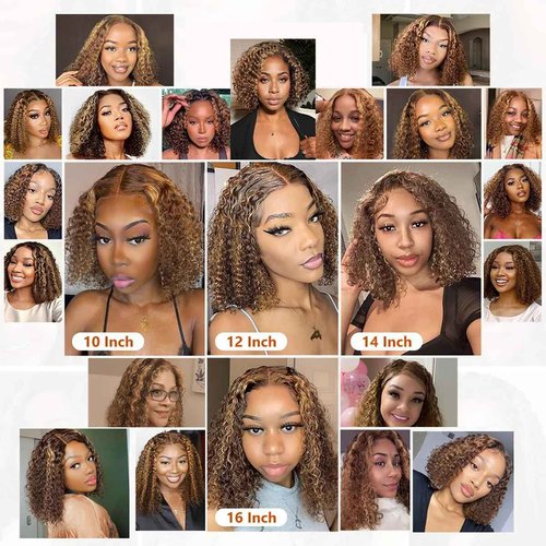 Maytune Wear and Go Glueless Wig Human Hair Pre Plucked Pre Cut 4/27 Highlight Ombre Bob Wig Human Hair Honey Blonde Deep Wave HD Lace Front Wig 4x4 Curly Closure Human Hair Wigs for Women 10 INCH