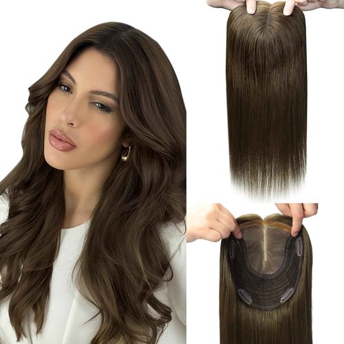 HappyNewHair Hair Toppers for Women Real Human Hair, Chocolate Brown 6x7inch Large Base 12inch Hair Pieces for Women with Thinning 55g 360°Cover Clip In Extensions Topper Add Volume (#4Toppers-12inch)