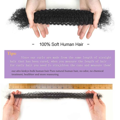 2 Bundles Afro Kinky-Curly Human Hair Bulk 20 Inch Afro Kinkys Bulk Human Hair Black for Twist Dreadlocks Extensions Repair Locs