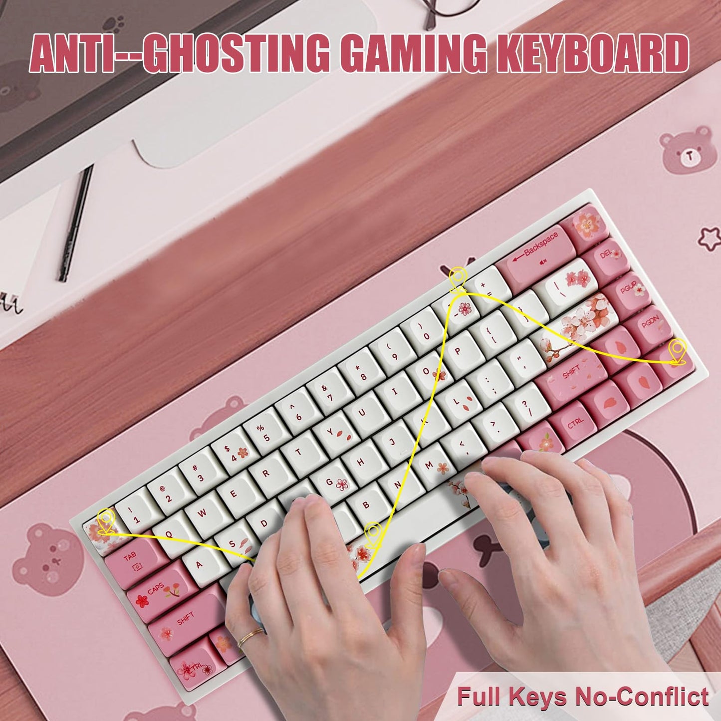 ZMX X BOYI Cherry Blossom Pink Gaming Keyboard,65% Compact 68 Keys Mini Hot Swap Tri-Mode BT/2,4G/Type-C Wireless Mechanical Keyboard with Dye-Sub PBT XDA Keycaps (Yellow Switch)