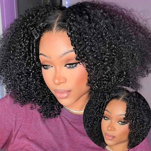 Amznlady Afro Kinky Curly V Part Wig Human Hair Brazilian Virgin Glueless Wig Human Hair for Black Women Upgrade U Part Wigs Kinky Curly Wigs No Leave Out 200% Density Natural Color 20 Inch