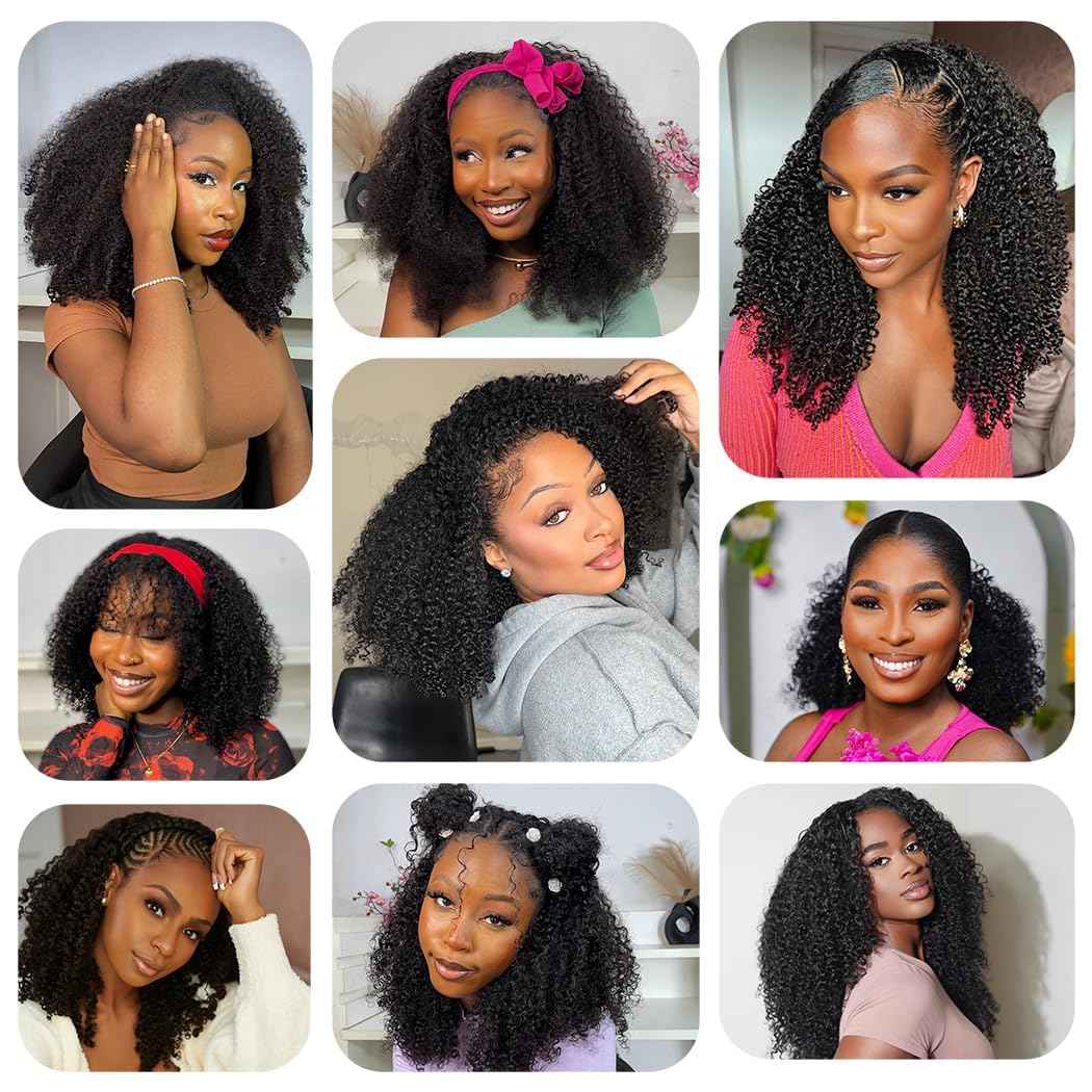 Kinky Curly Half Wig Human Hair 200% Density 3 In 1 Seamless Flip Over Half Wigs Human Hair Glueless Wear and Go Beginner Friendly Kinky Curly Wig Human Hair Drawstring Headband Wig for Women 18 Inch