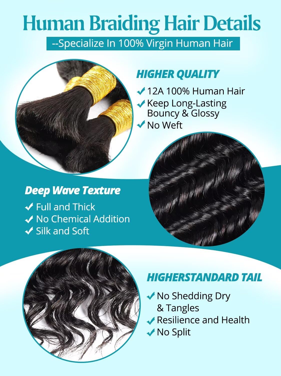 160g 5 Bundles/Pack Human Braiding Hair for Boho Braids 24 Inch Curly Boho Hair for Braiding Knotless 12A Deep Wave Bulk Bohemian Natural Black