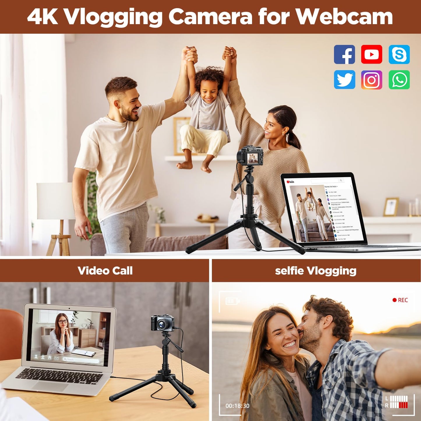 4K Digital Camera for Photography 64MP Auto-Focus Vlogging YouTube Camera with 3'' Dual Cameras 18X Travel Compact Cameras with Flash, 2 Batteries & Charger, 64GB Card for Beginner
