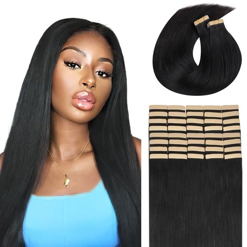 Lashey Tape in Hair Extensions Real Human Hair 100g/pack 40pcs Natural Black Straight Tape in Hair Extensions 18 Inch Invisible Double-Side Tape Ins