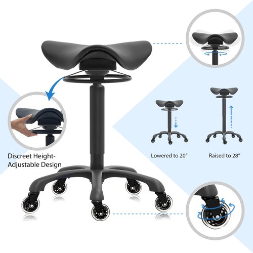 Coczeb Saddle Salon Stool with Wheels, Traditional Chair Substitution Heavy Duty (400LB) Rolling Stool 360° Adjustable Rotation Ergonomic Chair for Dental Clinic,Spa, Bar,Home and Office(Black)