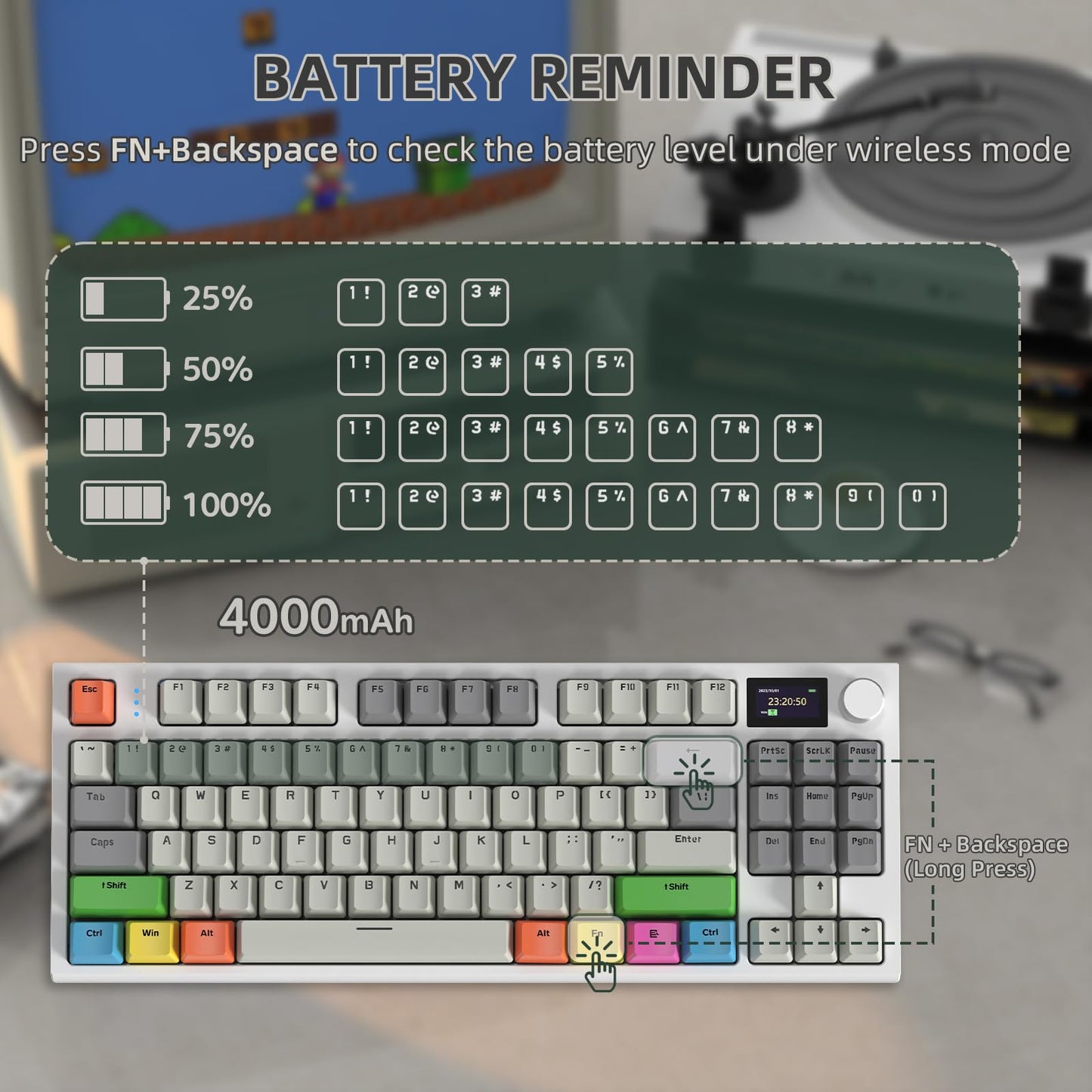 RK86 Mechanical Keyboard, 2.4G Wireless/BT5.0/USB-C Wired Gaming Keyboard 75% Layout TKL 87 Keys with 1.2'' TFT HD Color Display & CNC Knob, 27 RGB Backlit TTC Hot-Swap Linear Switch PBT Keycap - Grey