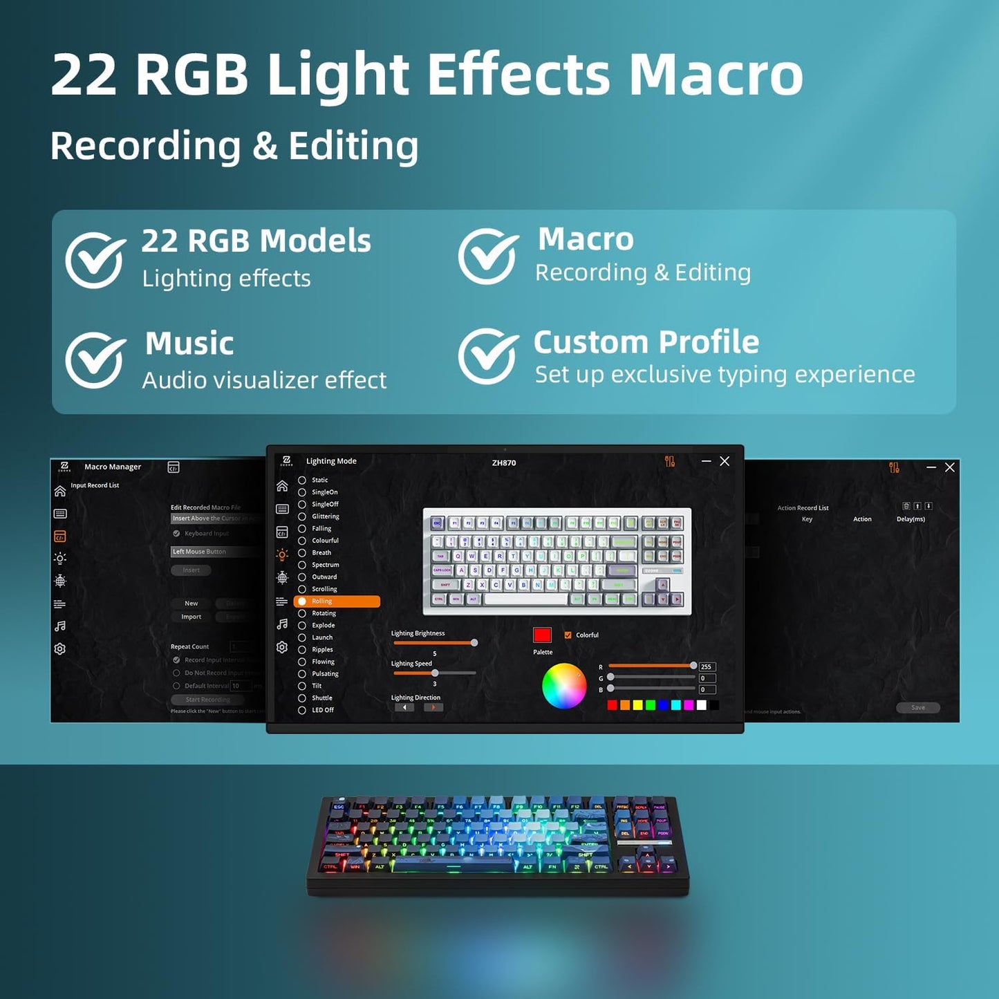 ZORNHER ZH870 Wireless Mechanical Gaming Keyboard,80% Green Custom Creamy Sound Keyboard with Shine Through PBT Keycaps,Pre-lubed Linear Switches,Hot-Swappable,RGB Backlit,2.4GHz/USB-C/BT5.0