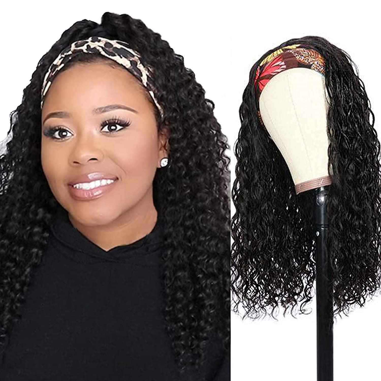 JCL Curly Headband Wig Human Hair Headband Wig 180% Density 12A Glueless Wigs Human Hair 16 Inch Headband Wigs Curly Wave headband Wig Natural Color Human Hair Wigs for Black Women Human Hair