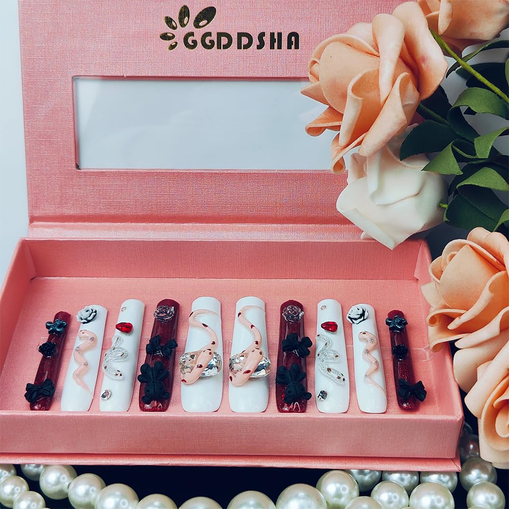 Handmade Acrylic Press-On Nails - Rhinestone Snake and Rose Design
